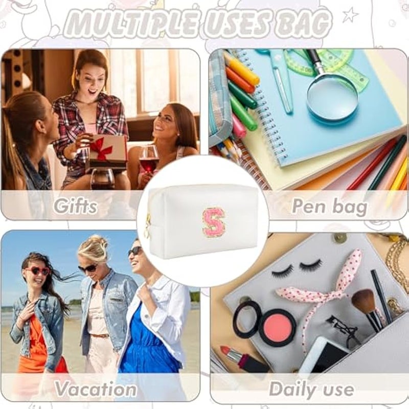 Initial Preppy Makeup Bag Personalized Travel Small Cosmetic Bag Cute PU White Chenille Letter Makeup Pouch for Purse Waterproof Zippered Toiletry Organizer for Women Girls Kids Friends (S) - Image 3